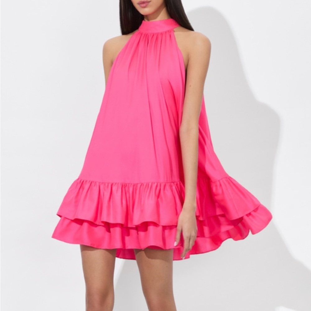 Alice + Olivia Halter Ruffle Mini Dress Wild Pink